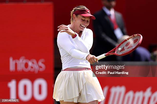 Donna Vekic of Croatia celebrates winning match point against Katie Boulter of Great Britain during the Women's Singles semifinal match on Day Six of...