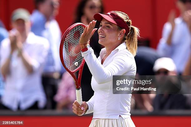 Donna Vekic of Croatia acknowledges the crowd following victory over Katie Boulter of Great Britain during the Women's Singles semifinal match on Day...