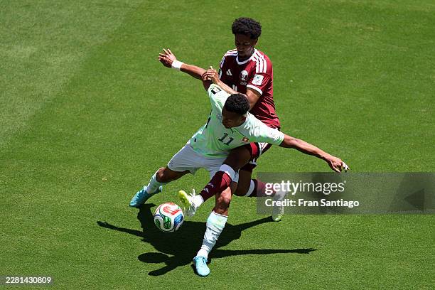 Dan Ndoye of Switzerland is challenged by Homam Ahmed of Qatar during the FIFA World Cup 2026 Group B match between Qatar and Switzerland at San...