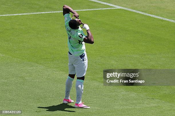 Breel Embolo of Switzerland celebrates after scoring a penalty for his team's first goal during the FIFA World Cup 2026 Group B match between Qatar...