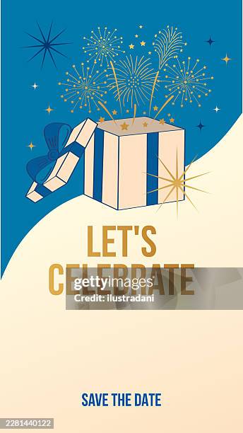 blue open gift box with fireworks in elegant outline style story template - christmas parcel stock illustrations