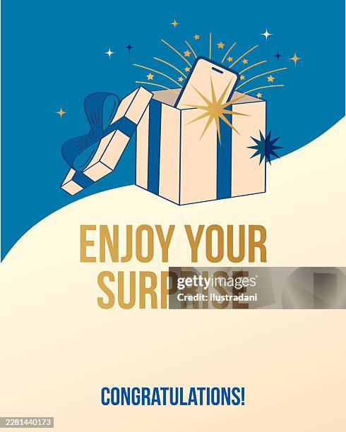 open blue gift box with smartphone and fireworks coming out in elegant outline style post template - iphone message box stock illustrations