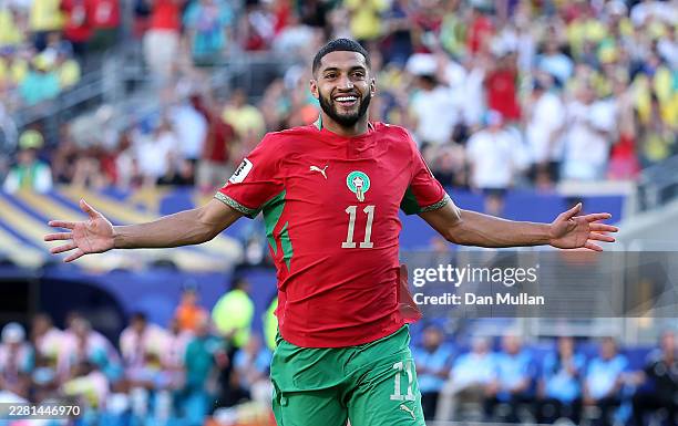 Ismael Saibari of Morocco celebrates scoring his team's first goal during the FIFA World Cup 2026 Group C match between Brazil and Morocco at New...