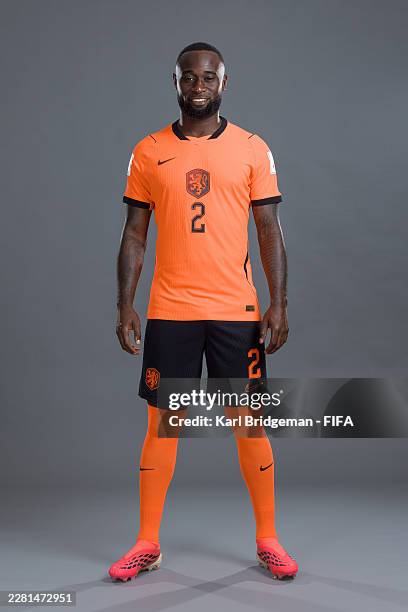 Lutsharel Geertruida of Netherlands poses for a portrait during the official FIFA World Cup 2026 portrait session on June 06, 2026 in White Plains,...
