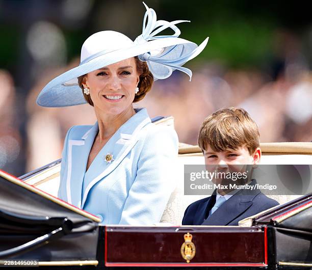 Catherine, Princess of Wales and Prince Louis of Wales return to Buckingham Palace in an Ascot Landau horse-drawn carriage during Trooping the Colour...