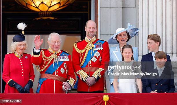 Queen Camilla , King Charles III , Prince William, Prince of Wales , Catherine, Princess of Wales, Princess Charlotte of Wales, Prince George of...