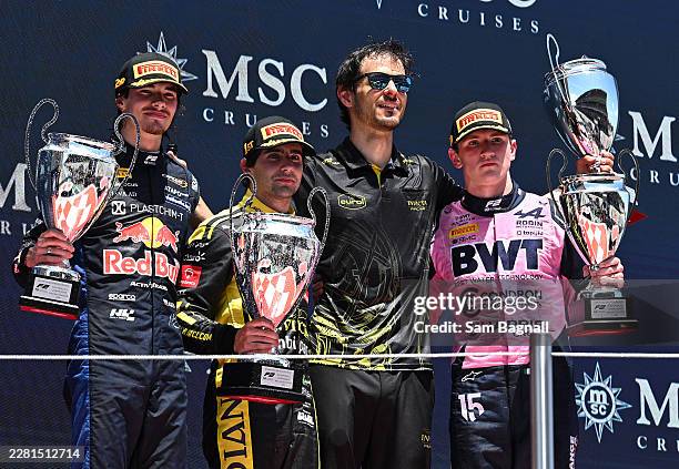 Race winner Rafael Camara of Brazil and Invicta Racing Second placed Nikola Tsolov of Bulgaria and Campos Racing Third placed Alexander Dunne of...