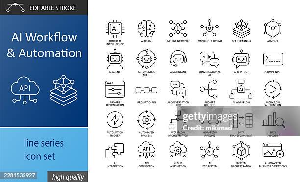 ki-workflow-automatisierung und prompt-engineering zeilensymbole – editierbarer strichvektorsatz - deep learning stock-grafiken, -clipart, -cartoons und -symbole