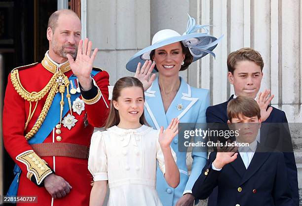 Prince William, Prince of Wales, Princess Charlotte of Wales, Catherine, Princess of Wales, Prince George of Wales and Prince Louis of Wales wave...