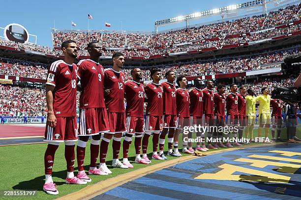 Players of Qatar line up for the national anthem during the FIFA World Cup 2026 Group B match between Qatar and Switzerland at San Francisco Bay Area...