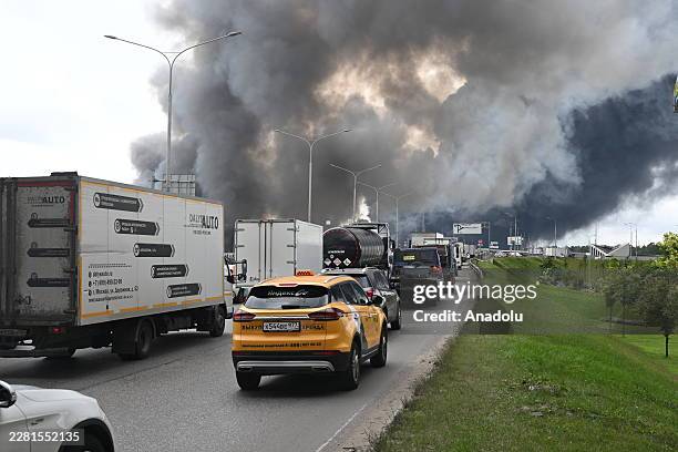 Black smoke billows from the area of Gazprom Neftâs Moscow oil refinery, located on the southeastern outskirts of Moscow, on June 18 following what...