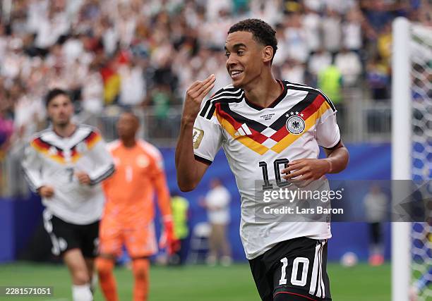 Jamal Musiala of Germany celebrates scoring his team's fourth goal during the FIFA World Cup 2026 Group E match between Germany and Curacao at...
