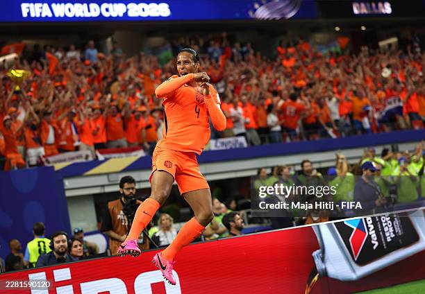 Virgil van Dijk of Netherlands celebrates scoring his team's first goal during the FIFA World Cup 2026 Group F match between Netherlands and Japan at...