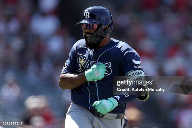 Junior Caminero of the Tampa Bay Rays reacts after a two run home run during the eighth inning to take the lead 5-3 against the Los Angeles Angels at...