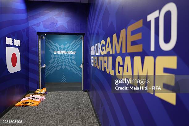 The dressing room of Japan is seen after the FIFA World Cup 2026 Group F match between Netherlands and Japan at Dallas Stadium on June 14, 2026 in...