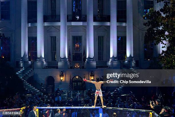 Diego Lopes celebrates after defeating Steve Garcia in a featherweight bout during UFC Freedom 250 on the South Lawn of the White House on June 14,...