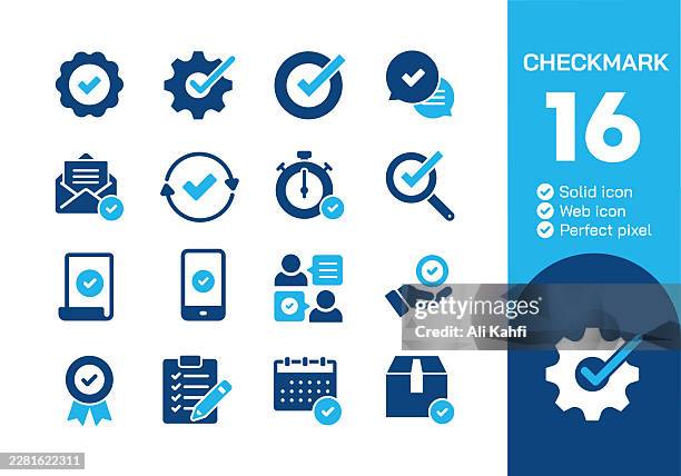 checkmark glyph solid icons collection. containing validation, approve. icon for website design, logo, app, template, ui, infographic etc - receiving certificate stock illustrations