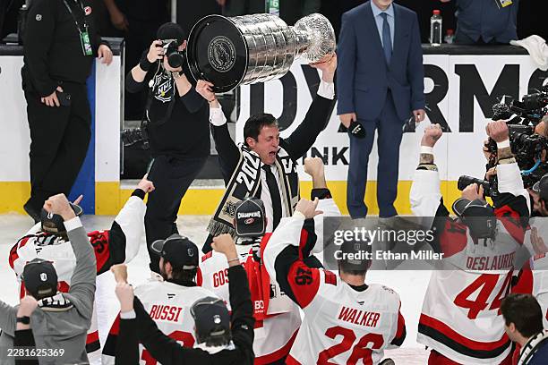 Head coach Rod Brind'Amour of the Carolina Hurricanes hoists the Stanley Cup after the team's 3-0 victory over the Vegas Golden Knights in Game Six...