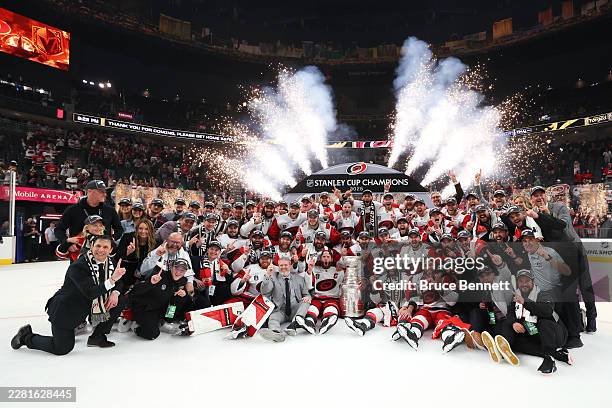 The Carolina Hurricanes pose for a picture after winning in Game Six of the 2026 Stanley Cup Final against the Vegas Golden Knights 3-0 at T-Mobile...