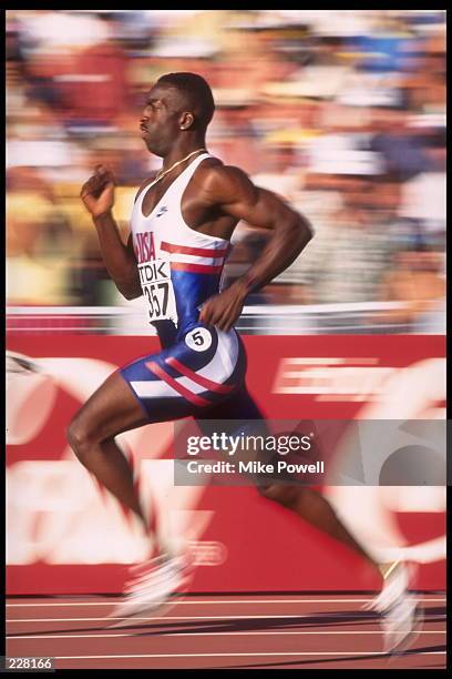 Michael Johnson of the USA in action in the men''s 400m heat in the 1995 World Track and Field Championships held in Gothenburg, Sweden. Mandatory...