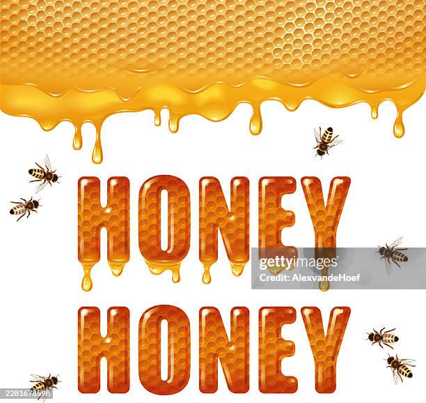 text honey with dripping honeycomb and bees - bee pattern stock illustrations