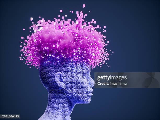digital human head with abstract pixel explosion - head exploding stock pictures, royalty-free photos & images