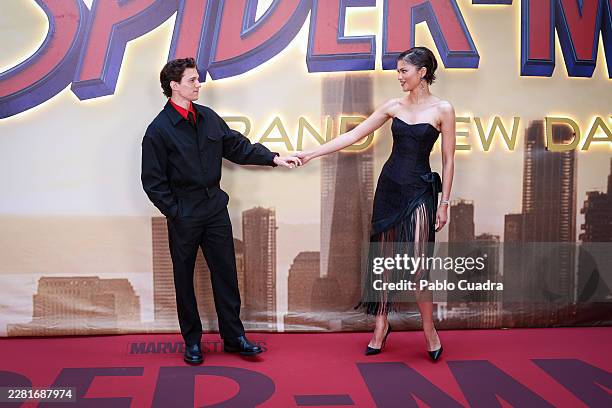 Tom Holland and Zendaya attend the Spider-Man: Brand New Day photocall at the Four Seasons Hotel on June 15, 2026 in Madrid, Spain.