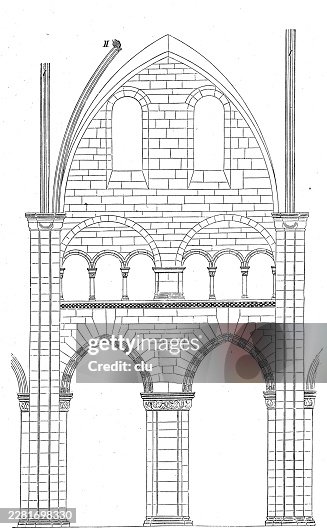 Basel Minster nave system around 1200 — a precise architectural elevation shows Romanesque arches, galleries and early pointed forms Basel Minster nave system around 1200 — a precise architectural elevation shows Romanesque arches, galleries and early pointed forms