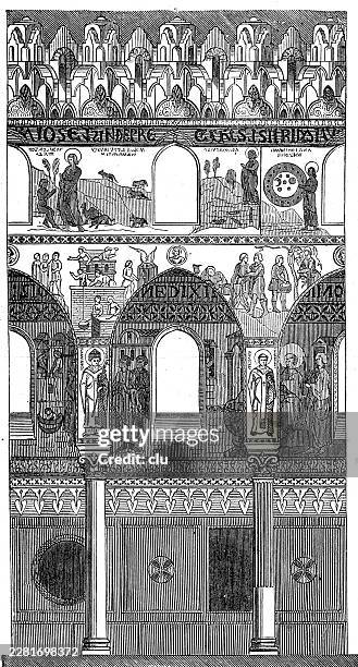 palatine chapel in palermo — a longitudinal section shows norman-sicilian arches, columns and the richly structured royal chapel - vaulted ceilings stock illustrations