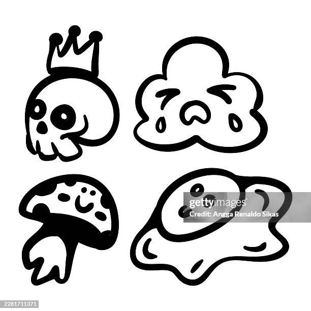 skull head with crown, crying cloud, mushroom and fried egg black and white funky graffiti cartoon icon symbol set - fried egg stock illustrations