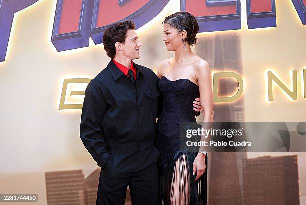Tom Holland and Zendaya attend the "Spider-Man: Brand New Day" photocall at Four Seasons Hotel on June 15, 2026 in Madrid, Spain.