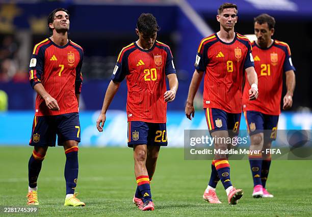 Ferran Torres, Pedri, Fabian Ruiz and Mikel Oyarzabal of Spain react after the 0-0 draw during the FIFA World Cup 2026 Group H match between Spain...