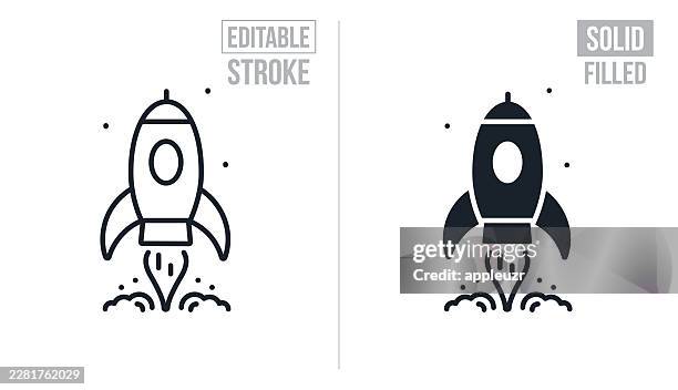 rocket ship blasting off - editable stroke and solid icons - rocket white background stock illustrations