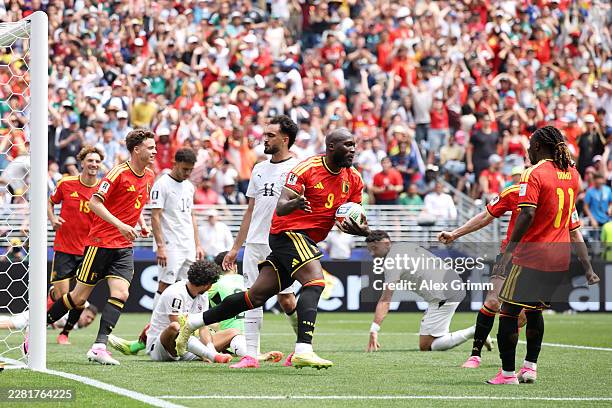 Romelu Lukaku of Belgium celebrates scoring his team's first goal during the FIFA World Cup 2026 Group G match between Belgium and Egypt at Seattle...