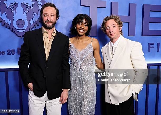Ebon Moss-Bachrach, Ayo Edebiri and Jeremy Allen White attend FX's "The Bear" Final Family Meal Event at Nine Orchard on June 15, 2026 in New York...