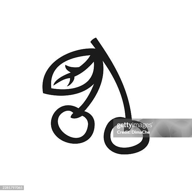 cherries outline icon - hand drawn vector cherry illustration, sketch, logo, sticker, stencil, tattoo - cherry smoothie stock illustrations