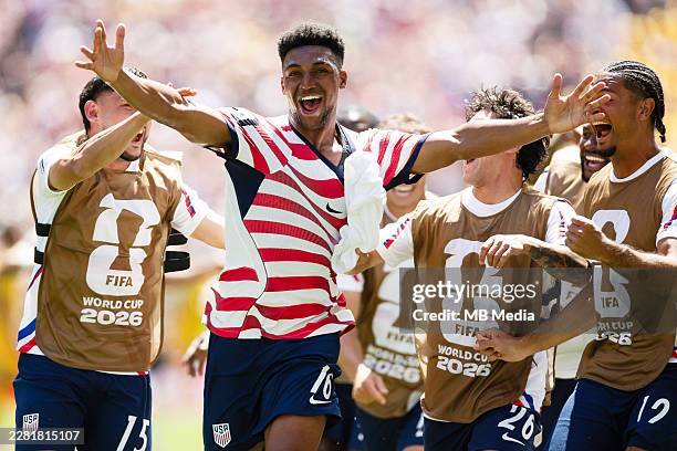Alex Freeman of United States celebrates with his teammates after scoring his team's second goal during the FIFA World Cup 2026 Group D match between...