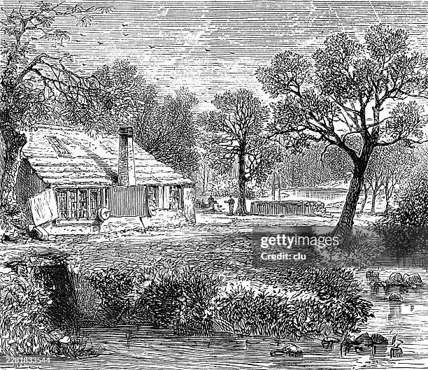 old-style grinding wheel in endcliffe wood, sheffield — a small water-powered workshop stands among trees beside the stream that drove the city’s blade trade - sheffield stock illustrations