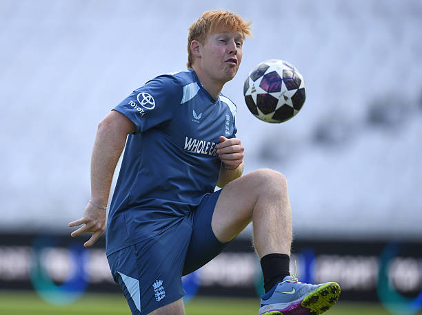 James Rew of England kicks a ball during a training session before the second Test match against New Zealand at The Kia Oval on June 16, 2026 in...