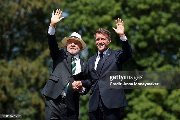 President of France Emmanuel Macron greets President of Brazil Luiz Inacio Lula Da Silva prior to a family photo during the G7 Summit on June 16,...