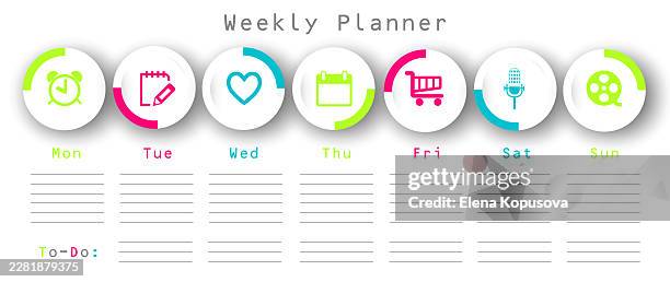weekly planner with empty space and techno icons on white background. - weekly calendar vector stock illustrations