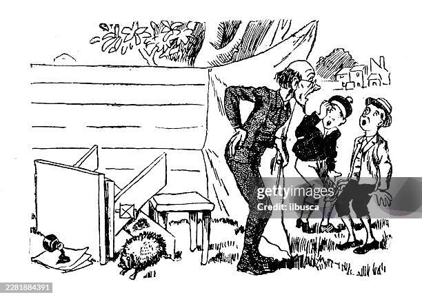 boys hedgehog writer prank - child biting stock illustrations