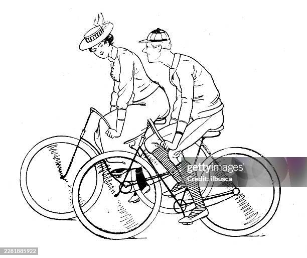 couple with bicycle aging comic cartoon - ageing population stock illustrations