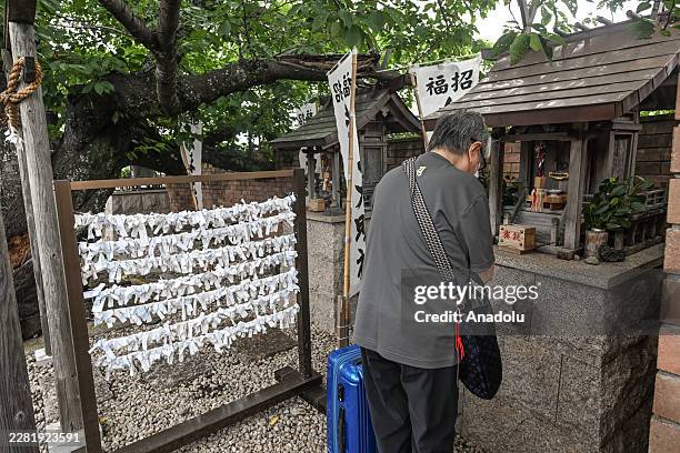 Tourist bows in prayer at the small Tama Jinja shrine dedicated to the station's legendary original feline stationmaster on the platform of Kishi...