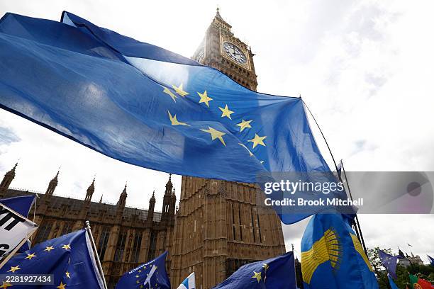 Demonstrators attend a Rejoin rally to mark the 10th anniversary of the UK's EU Referendum on June 20, 2026 in London, England. Today marks 10 years...