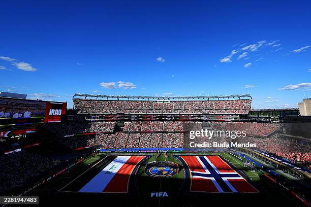 Players line up before before the FIFA World Cup 2026 Group I match between Iraq and Norway at Boston Stadium on June 16, 2026 in Foxborough,...
