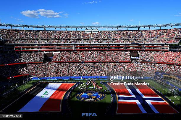 Players line up before before the FIFA World Cup 2026 Group I match between Iraq and Norway at Boston Stadium on June 16, 2026 in Foxborough,...
