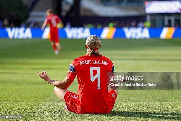 Erling Haaland of Norway celebrates scoring his team's first goal during the FIFA World Cup 2026 Group I match between Iraq and Norway at Boston...