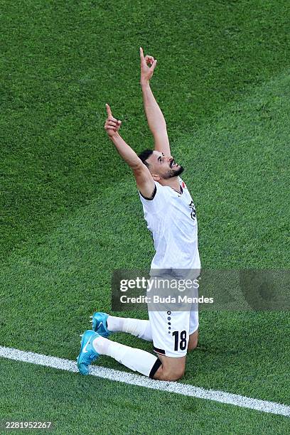 Aymen Hussein of Iraq celebrates scoring his team's first goal during the FIFA World Cup 2026 Group I match between Iraq and Norway at Boston Stadium...