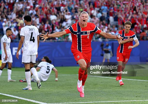 Erling Haaland of Norway celebrates scoring his team's first goal during the FIFA World Cup 2026 Group I match between Iraq and Norway at Boston...